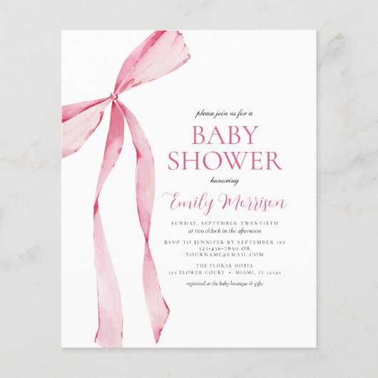 Blush Pink Watercolor Bow Girl Baby Dusche (Vorderseite)