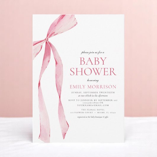 Blush Pink Watercolor Bow Girl Babydusche Einladung