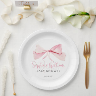 Blush Pink Watercolor Bow Ribbon Girl Babydusche Pappteller
