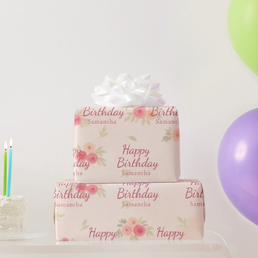 Blush Pink Watercolor Floral Happy Birthday Geschenkpapier (Partygeschenke)