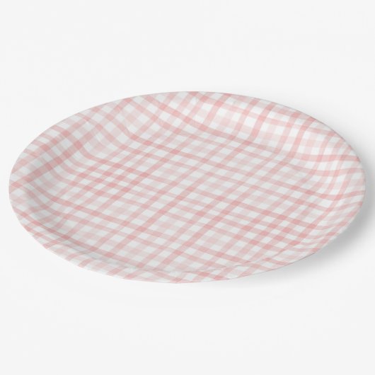 Blush Pink Watercolor Gingham Baby Dusche Pappteller (Schrägansicht)