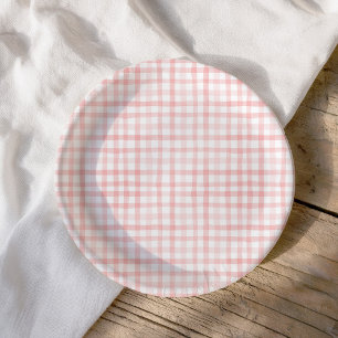 Blush Pink Watercolor Gingham Baby Dusche Pappteller