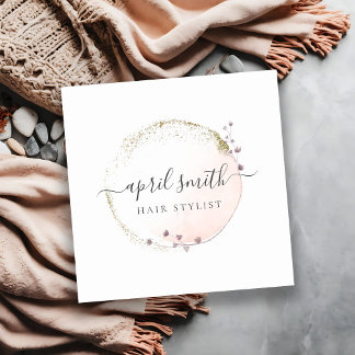 Blush Pink Watercolor Gold Circle Blumenreath Quadratische Visitenkarte