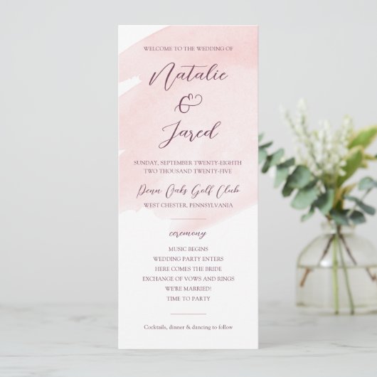 Blush Pink Watercolor Hochzeit Programm (Stehend Vorderseite)