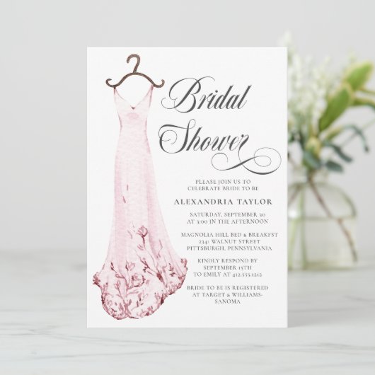 Blush Pink Watercolor Hochzeitskleid Brautparty Einladung (Stehend Vorderseite)