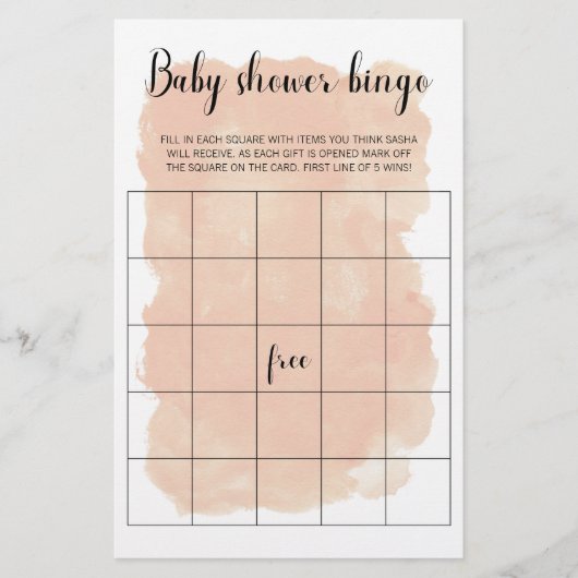 Blush Pink Watercolor Kinderdusche Bingo Spiel (Vorderseite)