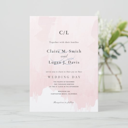 Blush Pink Watercolor Monogram Wedding Einladung (Stehend Vorderseite)