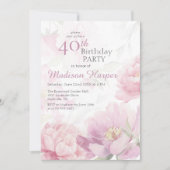 Blush Pink Watercolor Peony 40th Birthday Einladung (Vorderseite)