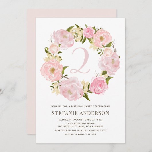 Blush Pink Watercolor Peony Wreath Kindergeburtsta Einladung (Vorne/Hinten)