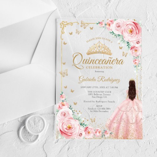 Blush Pink Watercolor Roses Gold Quinceanera Acryleinladungen