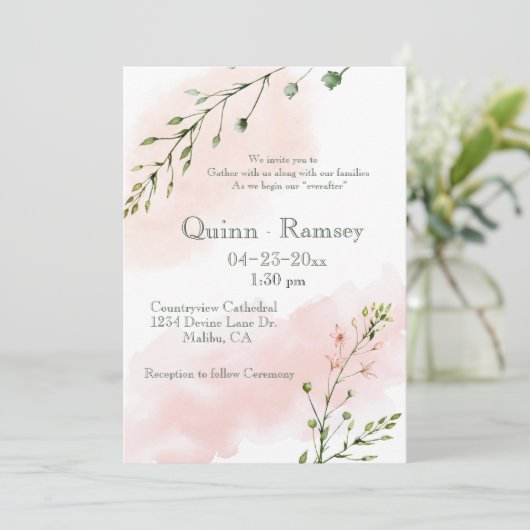 Blush Pink Watercolor Script Einladung zur Hochzei (Stehend Vorderseite)