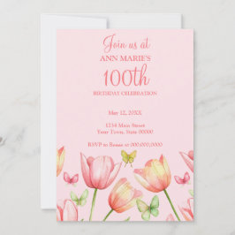 Blush Pink Watercolor Tulips 100th Birthday Party  Einladung
