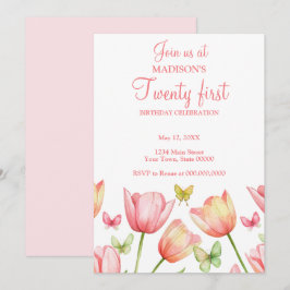 Blush Pink Watercolor Tulips 21st Birthday Party  Einladung