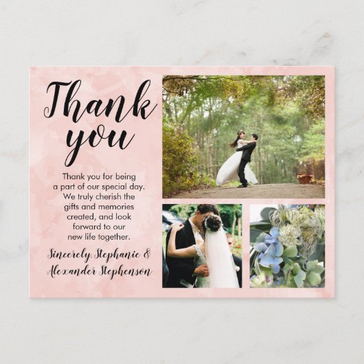 Blush Pink Watercolor Wedding Danke 3 Foto Postkarte (Vorderseite)