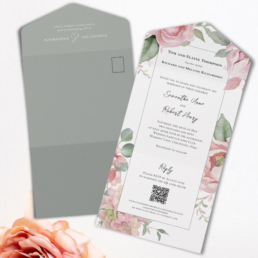 Blush Pink Watercolor Wedding Gray All In One Einladung