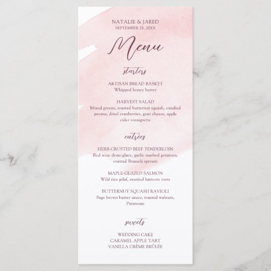 Blush Pink Watercolor Wedding Menu Menükarte (Vorderseite)