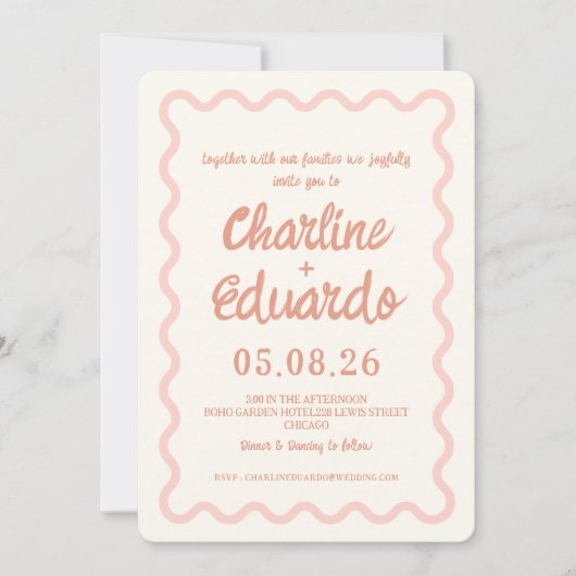 Blush Pink Wavy Border Wedding Einladung (Vorderseite)
