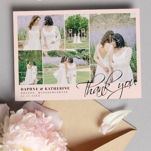 Blush Pink Wedding Foto Collage Script Vielen Dank Dankeskarte
