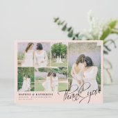 Blush Pink Wedding Foto Collage Script Vielen Dank Dankeskarte (Stehend Vorderseite)