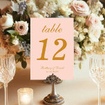 Blush Pink Wedding Gold Script Calligraphy Simple Tischnummer<br><div class="desc">Einfach nur wedding table number for a blush and gold wedding color scheme. It is just golden text wir blush pink background. Everything exit the number itself is written in an elegant calligraphic script. Mockup image by Freepik was used for making the cover foto.</div>
