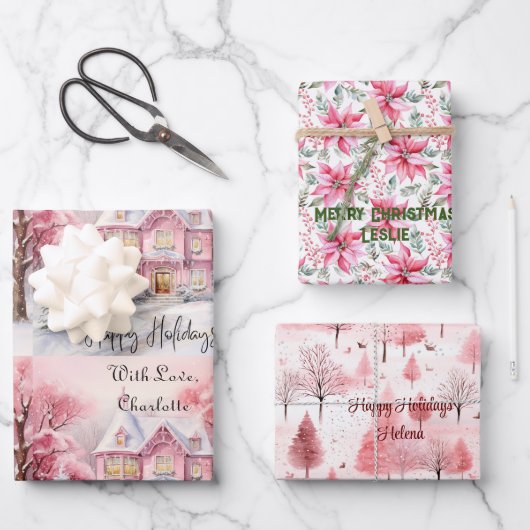 Blush Pink Weihnachtsbaum Poinsettia Custom Geschenkpapier Set (Vorderseite)