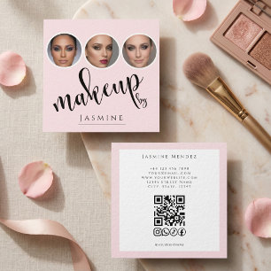Blush Pink Weiße 3 Foto MUA QR-Code Socials Quadratische Visitenkarte