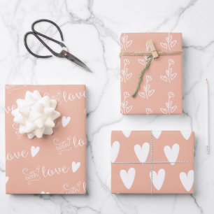 Blush Pink Weiße Herzen Blüte mit Liebe Geschenkpapier Set