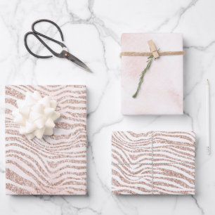 Blush Pink Weißer Glitzer Zebra Gold Confetti Geschenkpapier Set