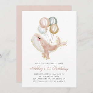 Blush Pink Whale Gold Glitzer Erster Geburtstag Pa Einladung