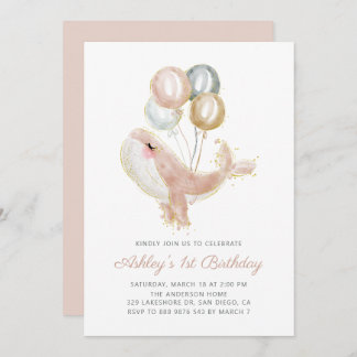 Blush Pink Whale Gold Glitzer Erster Geburtstag Pa Einladung