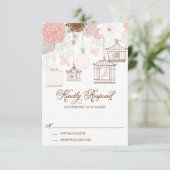 Blush Pink Whimsical Birdcages RSVP Card Karte (Stehend Vorderseite)
