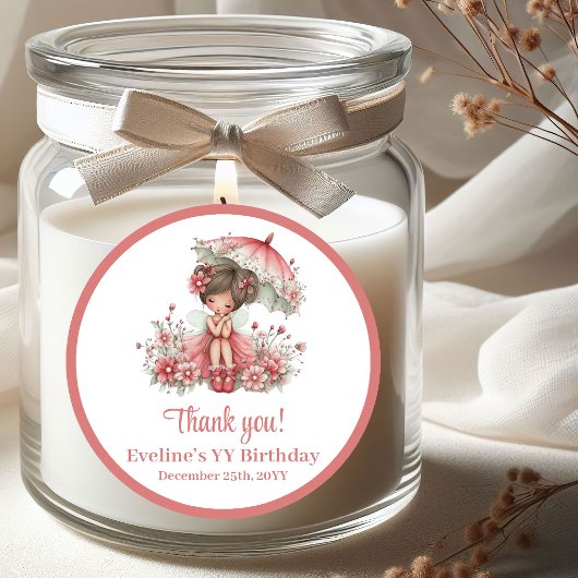 Blush Pink Whimsical Fairy Flowers Girl Birthday   Runder Aufkleber