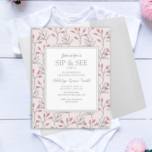 Blush Pink White Blätter Baby Shower Sip und sehen Einladung