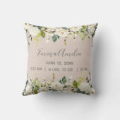Blush Pink White Floral Baby Script Geburtsstunde Kissen (Rückseite)