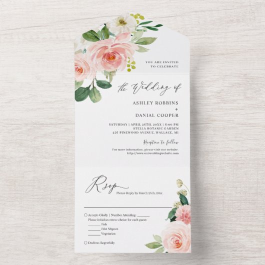 Blush Pink White Floral Budget Hochzeit All In One Einladung (Innen Boden)