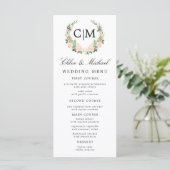 Blush Pink White Floral Monogram Name Wedding Menükarte (Stehend Vorderseite)
