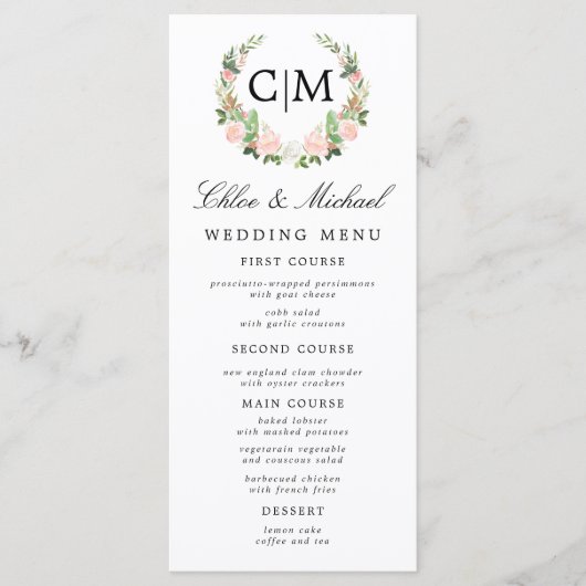 Blush Pink White Floral Monogram Name Wedding Menükarte (Vorderseite)