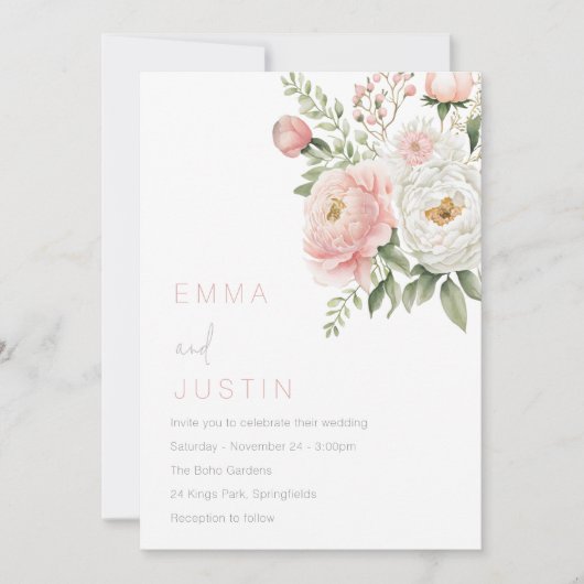 Blush Pink & White Floral Wedding Einladung (Vorderseite)