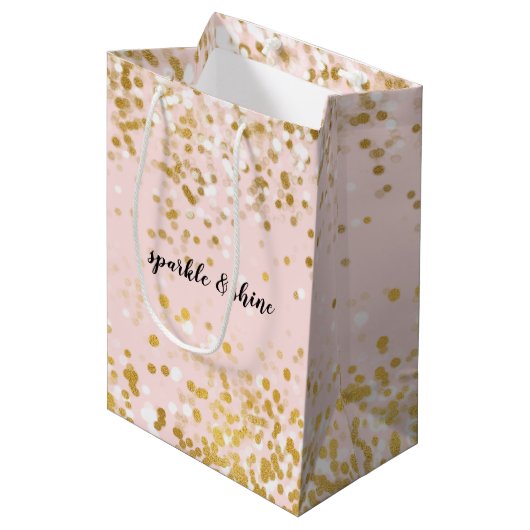 Blush Pink White Gold Confetti Sparkor Mittlere Geschenktüte (Vorderseite Schrägansicht)