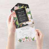 Blush Pink White Magnolia Bloral Black Wedding All In One Einladung (Abreißen)