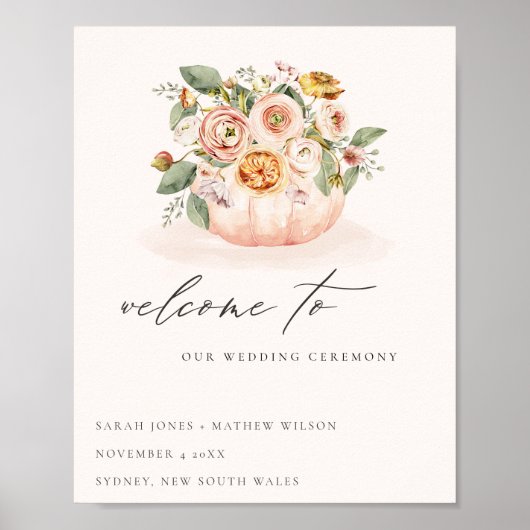 Blush Pink White Pumpkin Floral Wedding Willkommen Poster (Vorne)