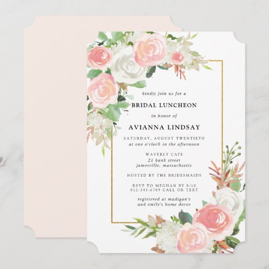 Blush Pink White Rose Floral Bridal Luncheon Einladung (Vorne/Hinten)