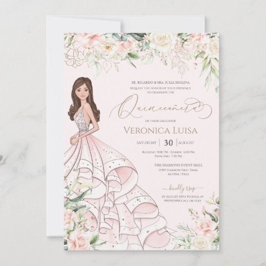 Blush Pink White Roses Luxury Quince Anos Birthday Einladung (Vorderseite)