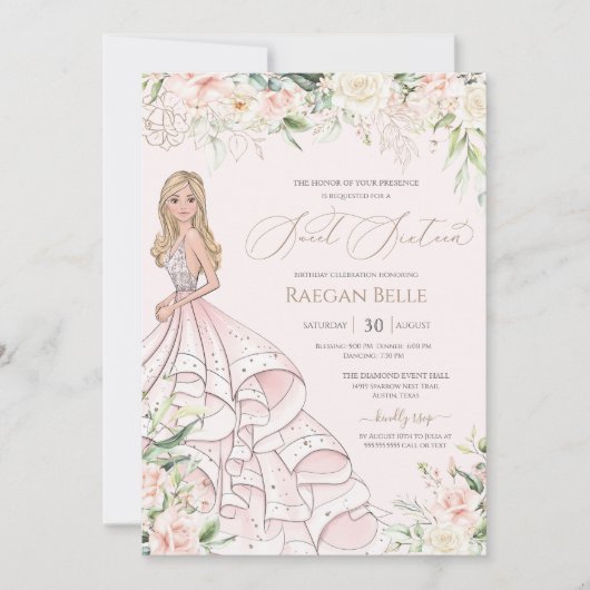 Blush Pink White Roses Luxus 16 . Geburtstag Einladung (Vorderseite)