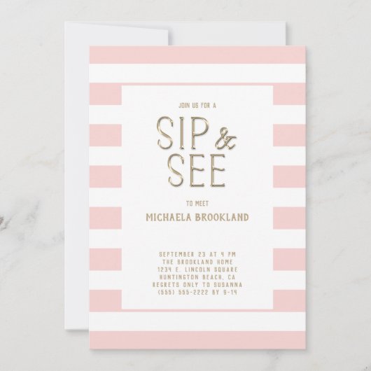Blush Pink White Stripe Baby Girl Sip und sehen Si Einladung (Vorderseite)