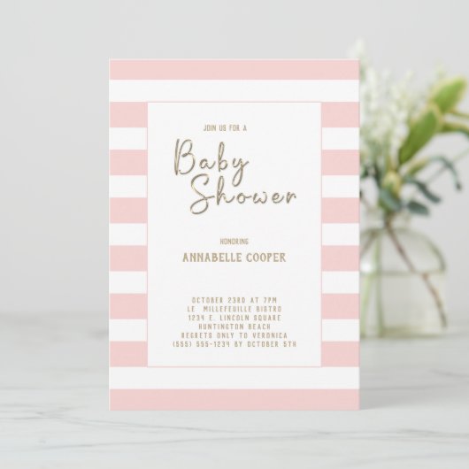 Blush Pink White Striped Girl Babydusche Einladung (Stehend Vorderseite)