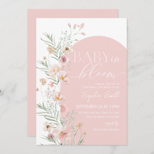 Blush Pink Wildblume Baby in Bloom Baby Dusche Einladung (Vorne/Hinten)