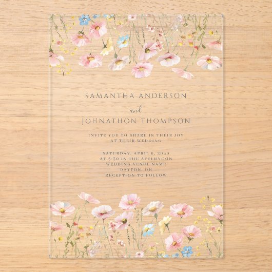 Blush Pink Wildblume Bloral Wedding Acryleinladungen (Vorderseite)
