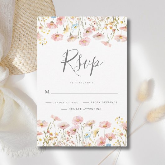 Blush Pink Wildblume Bloral Wedding RSVP Karte