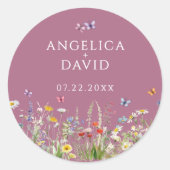 Blush Pink Wildblume Butterflies Hochzeitsticker Runder Aufkleber (Vorderseite)
